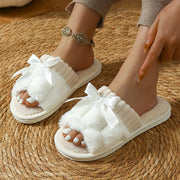 Colorblock Fuzzy Home Slippers – Soft Bowknot Decor, Non-Slip Lightweight Plush Winter Shoes