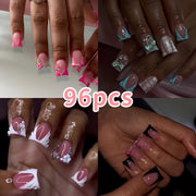 Free 4pcs of jelly glue and 4pcs of nail file in 4 boxes, 96pcs of European and American press-on wear nails, gorgeous sweet cool French sparkling diamond flowers, stripes, three-dimensional cherry, wave, clashing color, squa