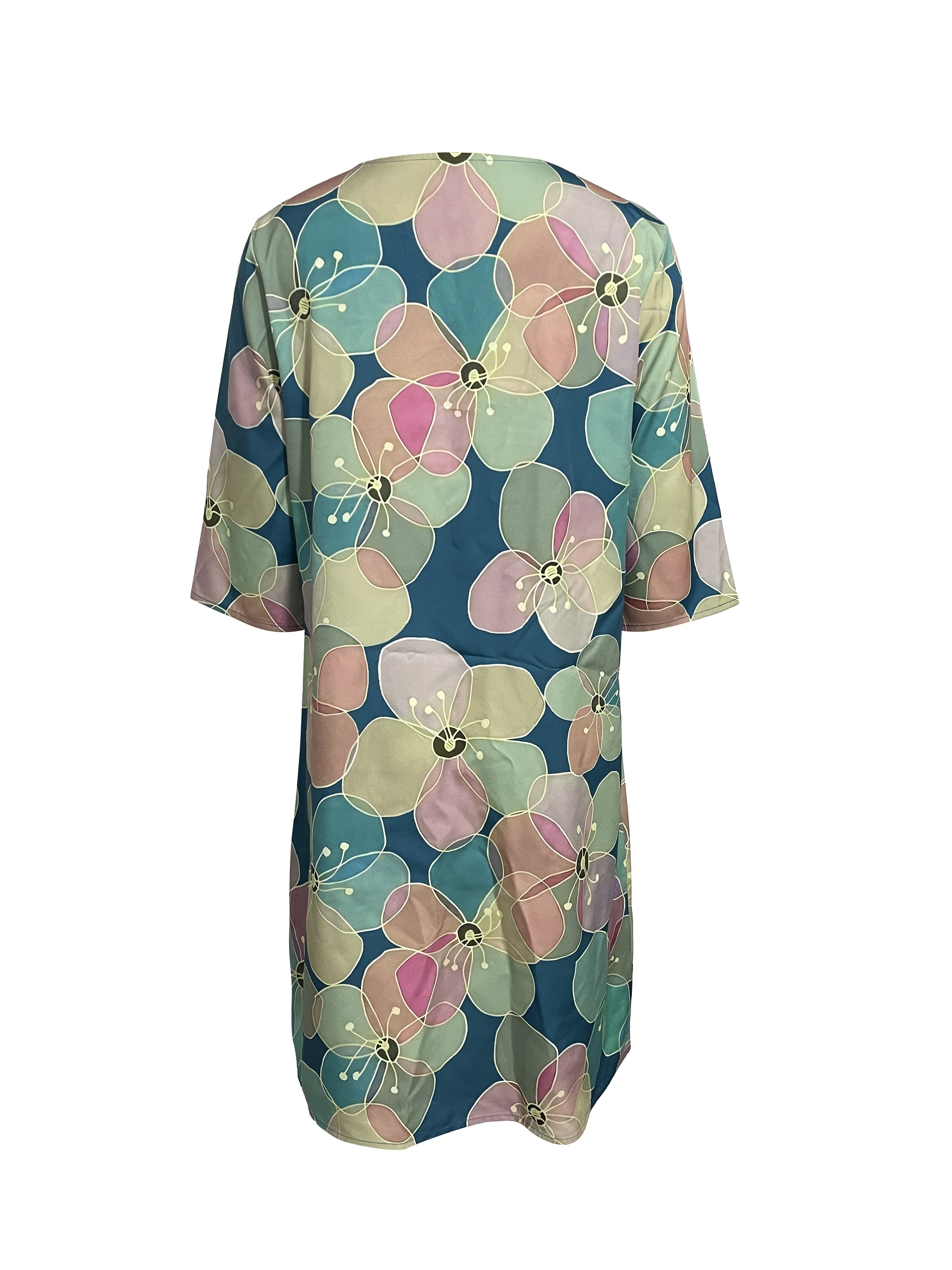Floral Print Notched Neck Dress, Casual 3/4 Sleeve A-line Midi Dress For Spring & Summer, Women's Clothing