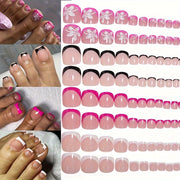 96pcs Pink Tones Short Square Press-On Toenails - Glossy Flower Patterned Fake Toe Nails with Reusable Storage Box for Women And Girls, French Design Summer Nail Art Kit |Bride Nails |Wedding Nails