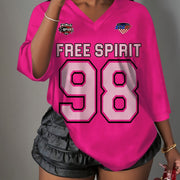 Women's Bright Pink V-Neck Breathable Mesh Athletic T-Shirt - FREE SPIRIT 98 Graphic Print, Summer Casual Sportswear, Machine Washable, Summer Athletic Wear | Sporty Vneck Top | Sporty Graphic Shirt, Sports T Shirt