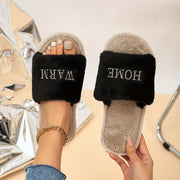 Women's Cozy Plush Slippers with Embroidered "HOME" Lettering - Lightweight, Open-Toe Design, Soft EVA Sole, Fluffy Black & Cream Indoor Shoes for All Seasons, Hand Washable, House Slippers
