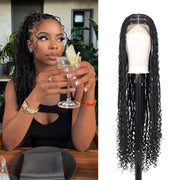 36" Unisex-Adult Full Double Lace Front Braided Wig, Boho Knotless Style, Blended Box Braids with Curly Ends, High Temperature Fiber, Elegant Natural Black Lace Wig