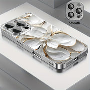Light Luxury Elegant Ceramic Texture Golden Wire White Flower Pattern Electroplated Glass Mobile Phone Case with Lens Protection for iPhone 16/16Pro/16ProMax/16Plus/15/15Plus/15Pro/15ProMax, 14/14Plus/14Pro/14ProMax, 13/13Pro