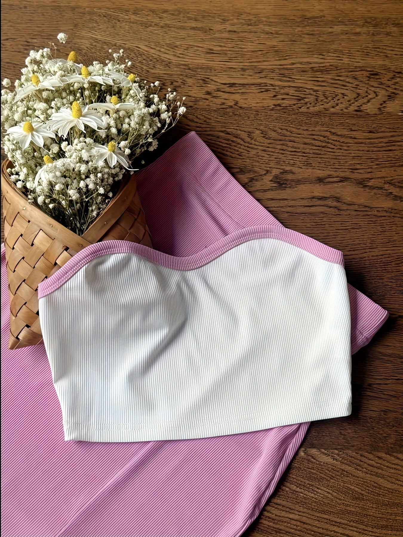 2pcs Women's Elegant Off-Shoulder Tube Top & Flared Skirt Set - Solid Color, Smooth Polyester Fabric, Medium Stretch - Spring/Summer Essentials | Machine Wash Safe | Contrast Binding Details