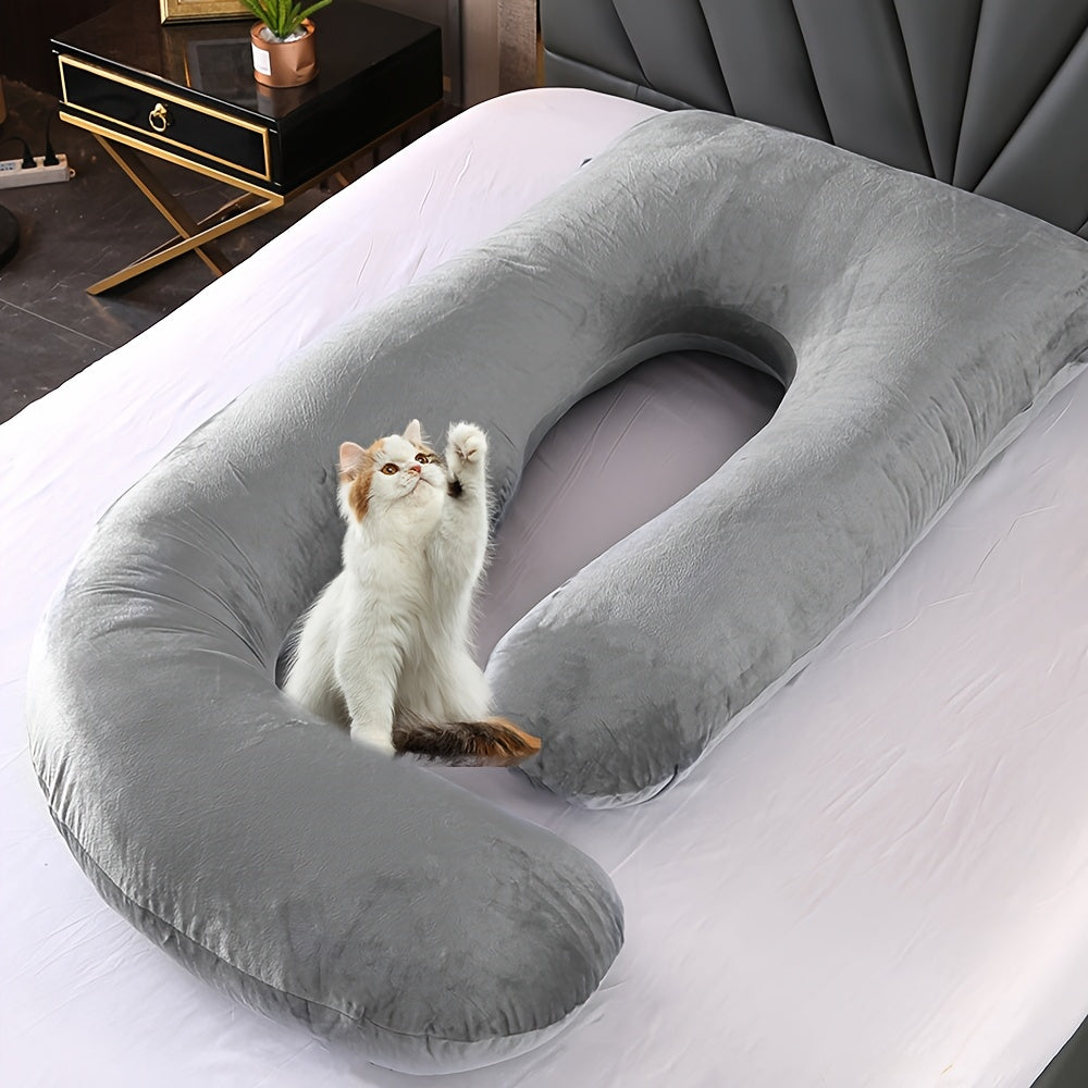 62 Inch J-Shaped Body Pillow with Removable Velvet Cover - Machine Washable Medium-Soft Support Pillow for Full-Body Comfort, White Home & Bedroom Essential, Pillows for Sleeping