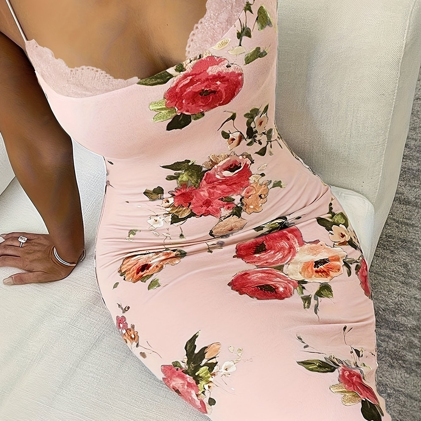 Print Lace-Trim Cami Midi Dress - Sleeveless, Stretch Fit, Summer Women’s Fashion in Green with Vibrant Pink & Peach Flowers