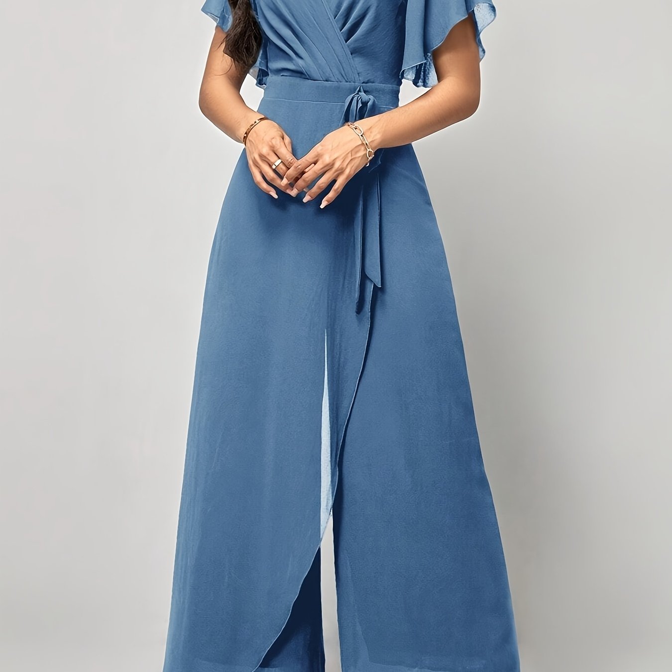 Elegant Green V-Neck Jumpsuit for Women - Solid Color, Wide Leg with Ruffle Sleeves & Tie Waist, Lightweight Polyester, Machine Washable - Perfect for Spring & Summer