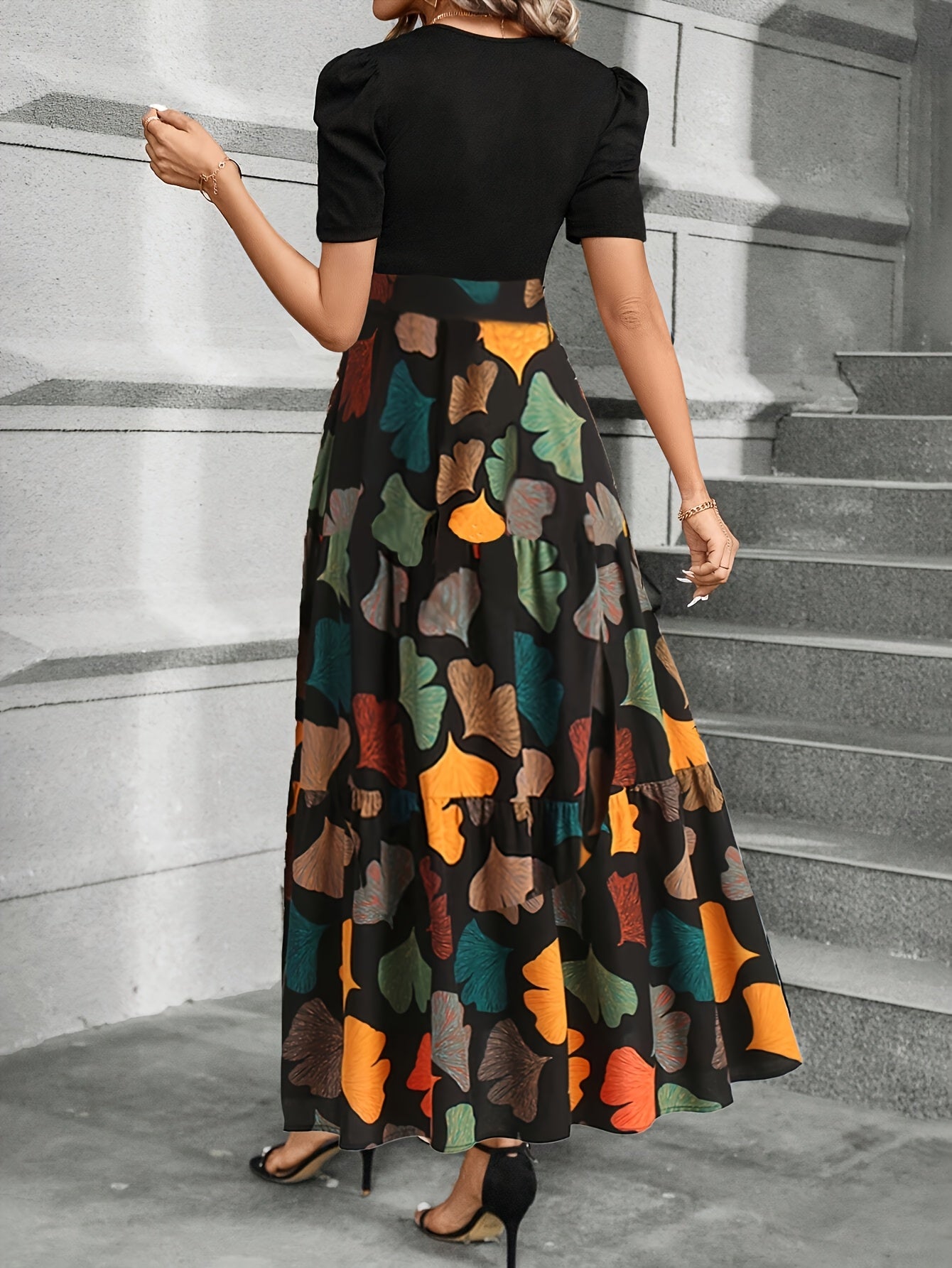 [Elegant Geometric] Women's Elegant Geometric Print Midi Dress | Polyester Knit Fabric | Casual to Semi-Formal Attire | Geometric Print Dress