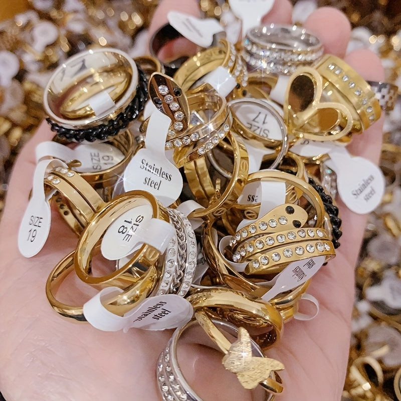 30pcs Punk-Inspired Stainless Steel Rings with Cubic Zirconia - Mixed Style, Sleek & Minimalist for Men & Women, Ideal for Daily Wear, Parties, and Gifts, Randomly Selected, Everyday Rings|Punkinspired Rings|Durable Rings