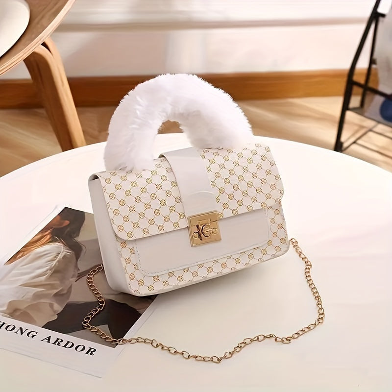 Women'S Vintage Faux Fur Shoulder Bag with Geometric Pattern, Retro Style, Lightweight, Detachable Chain Strap, Safety Lock Closure, Polyester Lining, Ideal for Casual Dates & Special Occasions, Available in White, Black, and