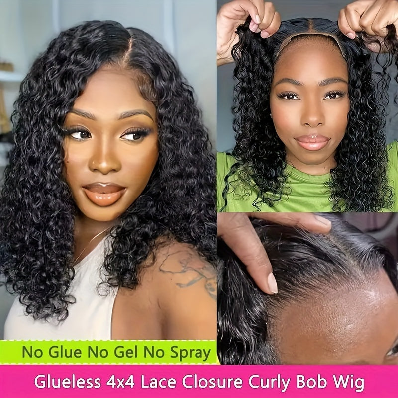 4x4 Put On And Go Glueless Bob Wig Human Hair Curly For Women Kinky Curly Lace Front Wig Human Hair Pre Plucked Pre Cut Lace Ready To Wear 180% Density Natural Black