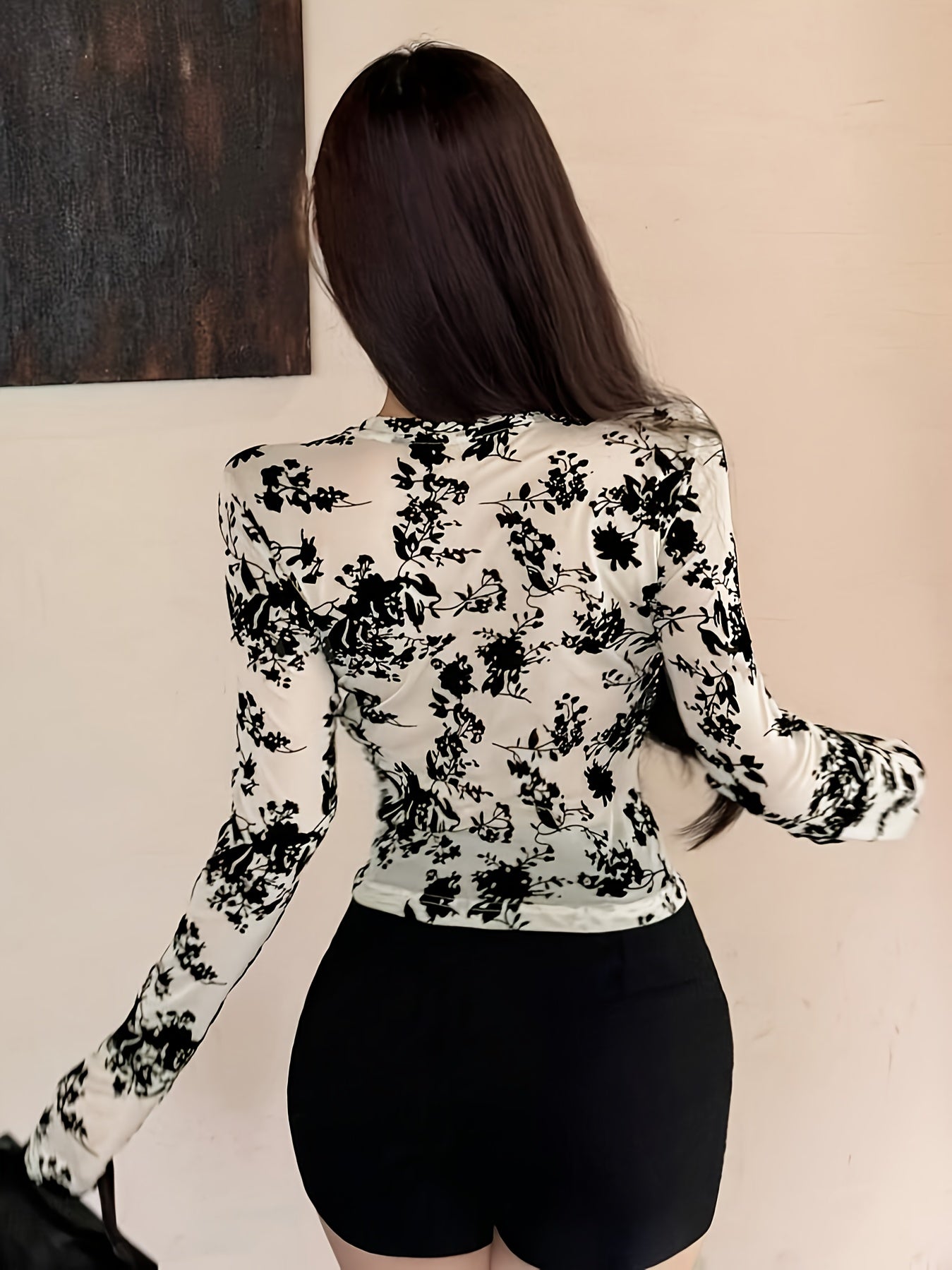 Floral Print Short Sleeve Crop T-shirt, Sexy Semi-sheer Solid Color Crew Neck Top For Spring & Summer, Women's Clothing