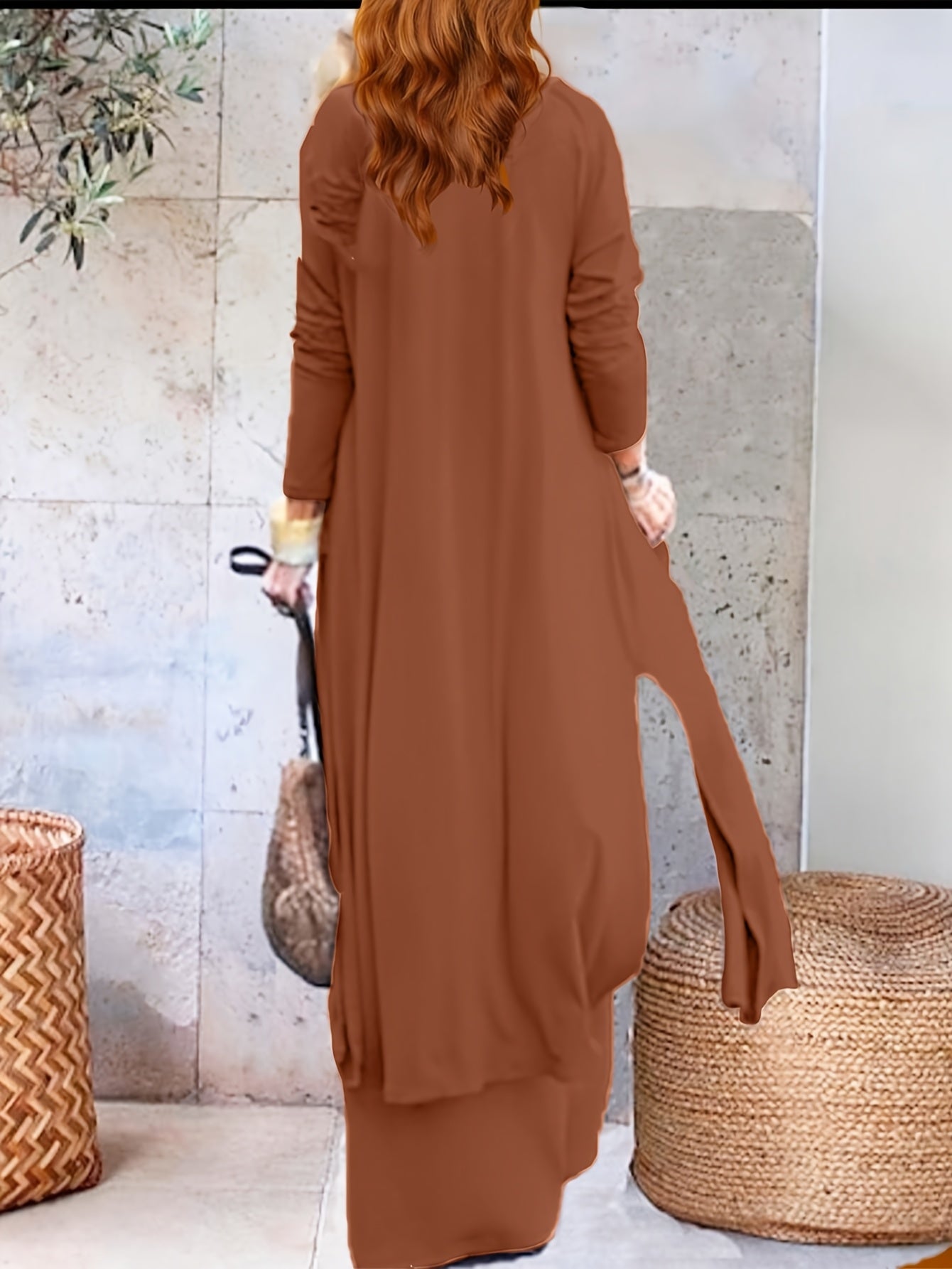Casual and Fashionable Simple Solid Color with Draping Sensation Sleeveless V-Neck Cardigan with Long Sleeves and Extra Long Side Slits Knitted Cardigan with Elastic Waist and Wide Leg Trousers