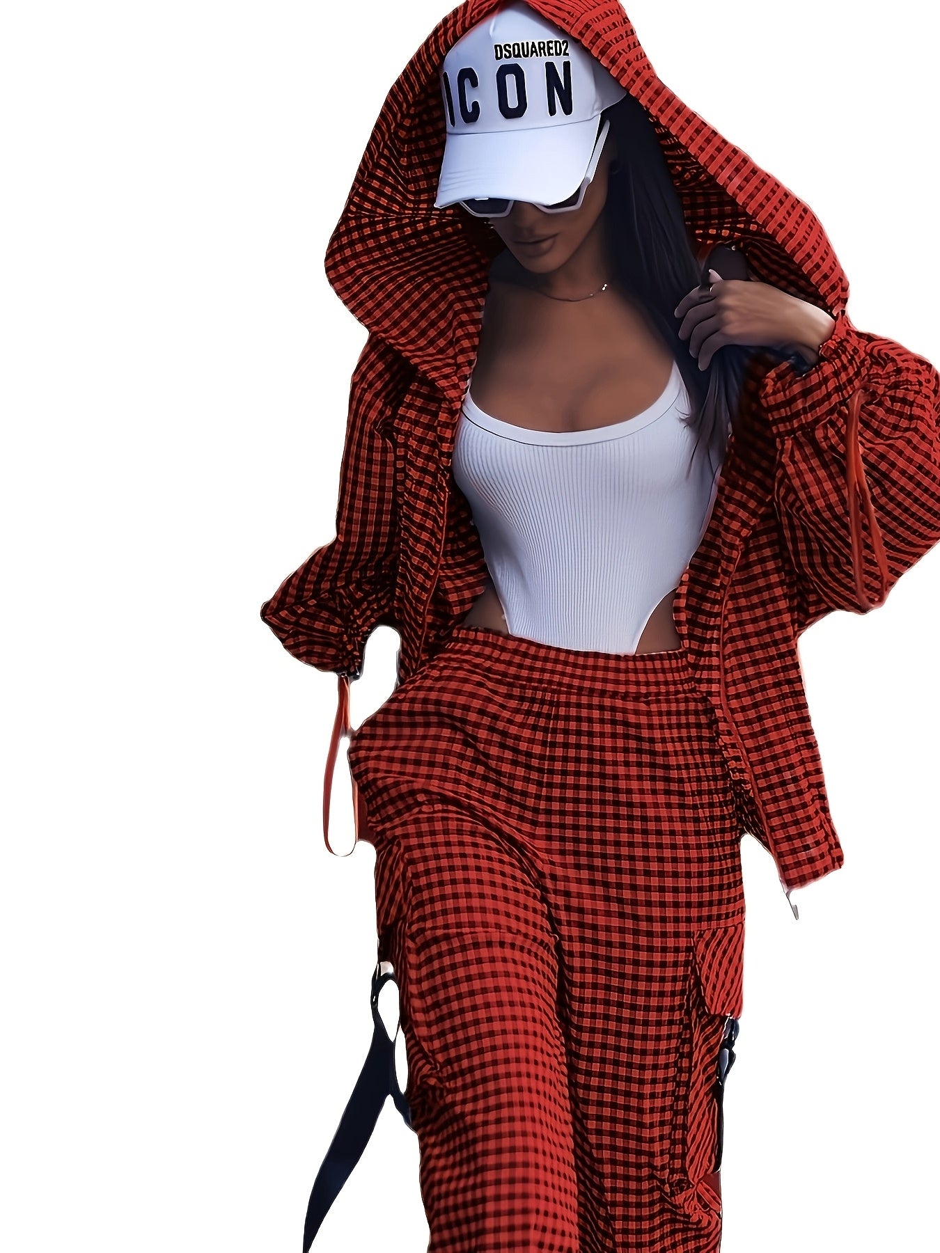 Women'S Casual Gingham Pantsuit with Lapel Collar and Zipper Details, 100% Polyester Woven Fabric, for Fall/Winter