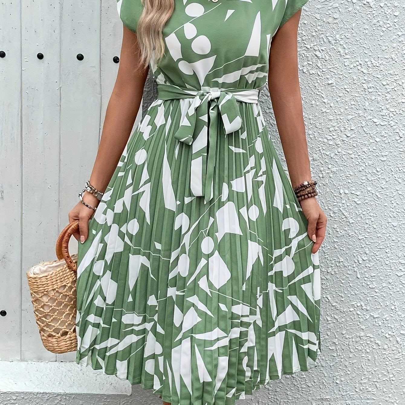 Print Midi Dress for Women - Crew Neck, Batwing Sleeves with Tie Waist, Perfect for Summer Holidays