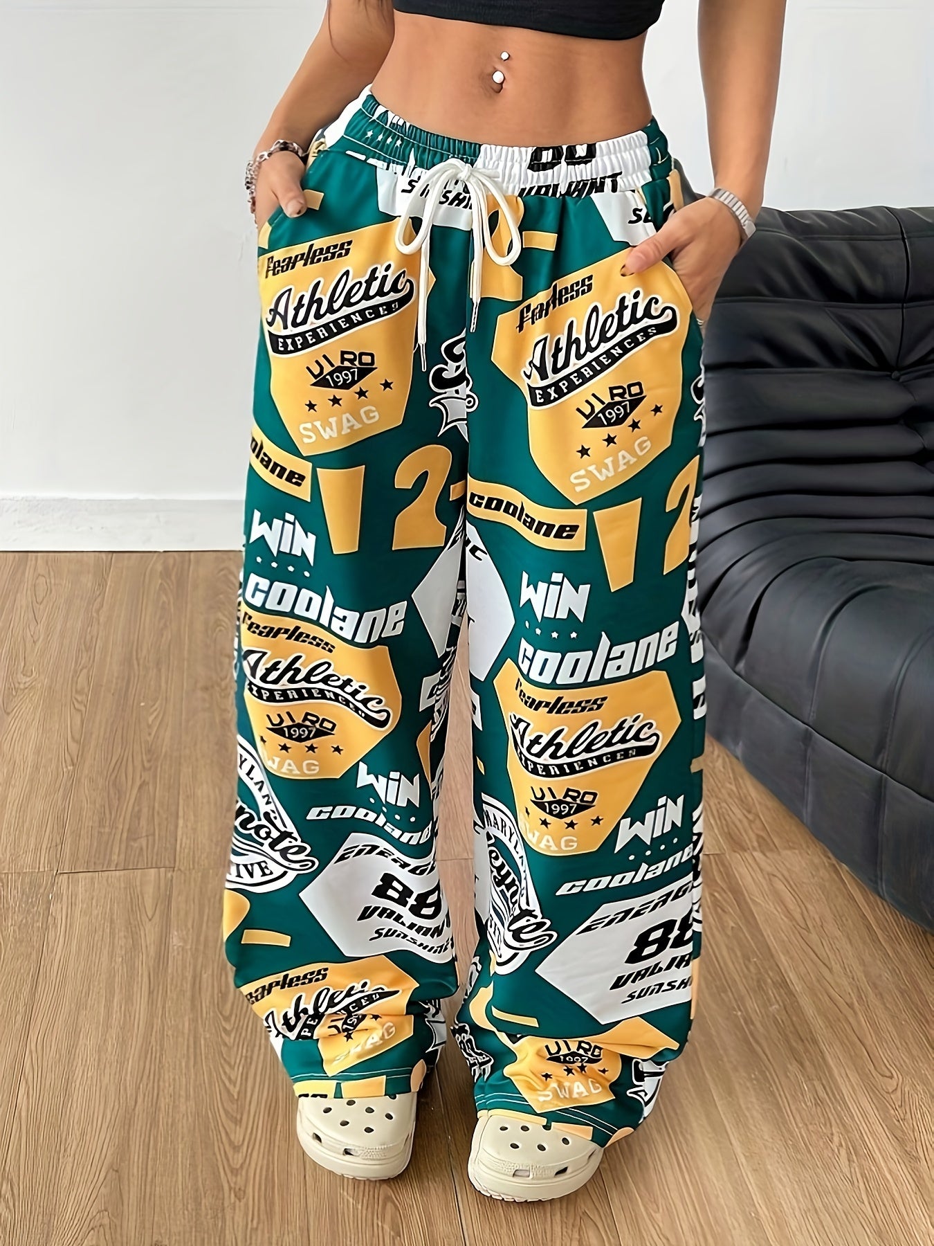 Women'S Y2K-Inspired Wide-Leg Athletic Pants with "Paris" Tank Top - Green, White, and Yellow Graphic Print, Drawstring Waist, Casual Sportswear, Casual Sportswear | Graphic Print Pants | Drawstring Waistband, Athletic Wear