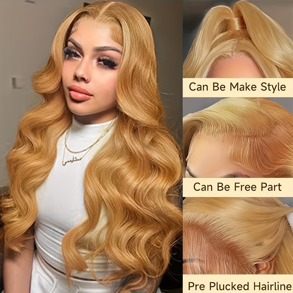 13x6 Honey Blonde Wig Human Hair 180% Density Peruvian Transparent Lace Frontal Wigs Human Hair Pre Plucked With Baby Hair 20-34 Inch Body Wave Wig 27# Colored