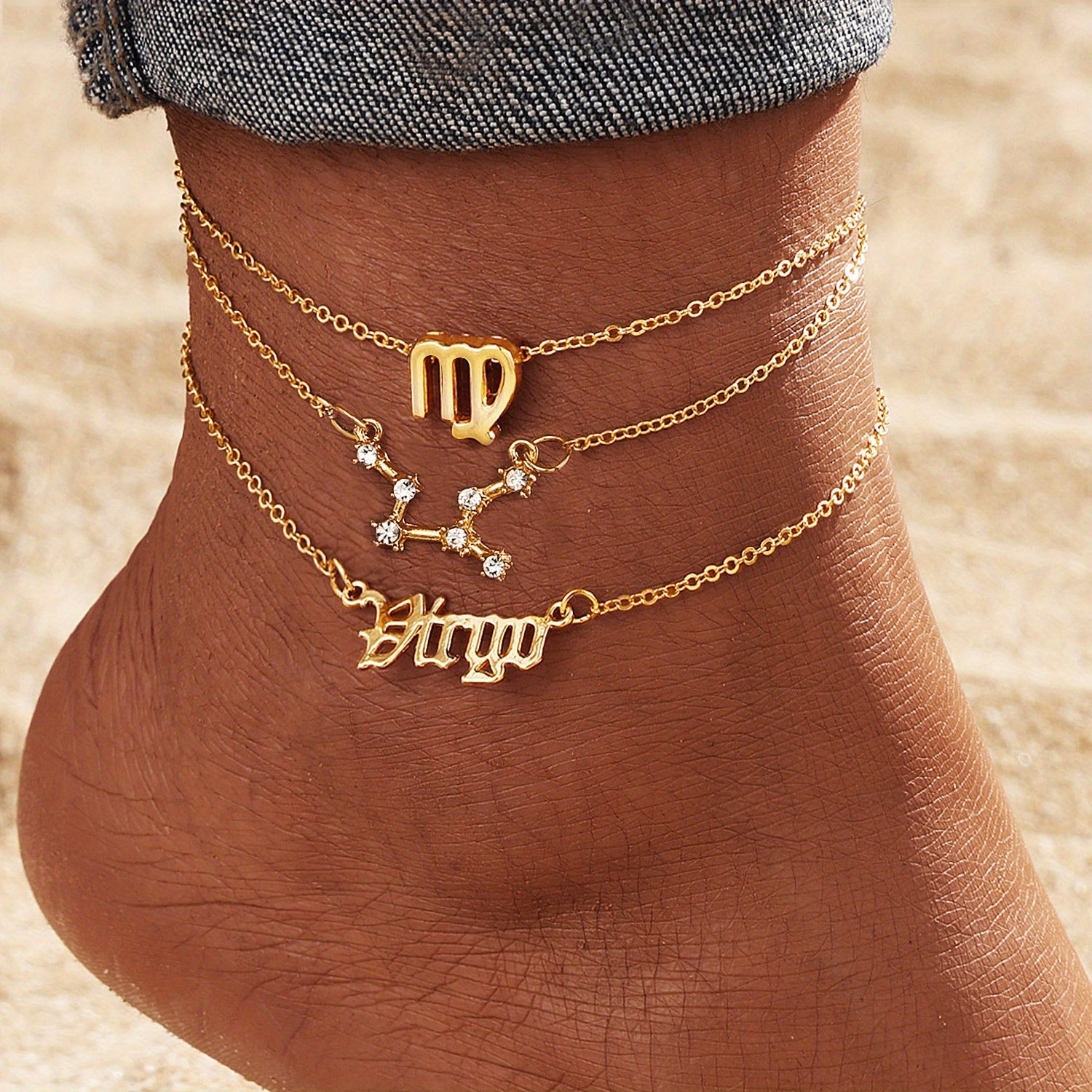 Alloy Inlaid Rhinestone Women'S Zodiac Ankle Chain, Spring And Summer, 3pcs of Beach Barefoot Accessories, Suitable for Vacations, Parties, Dates, Music Festivals