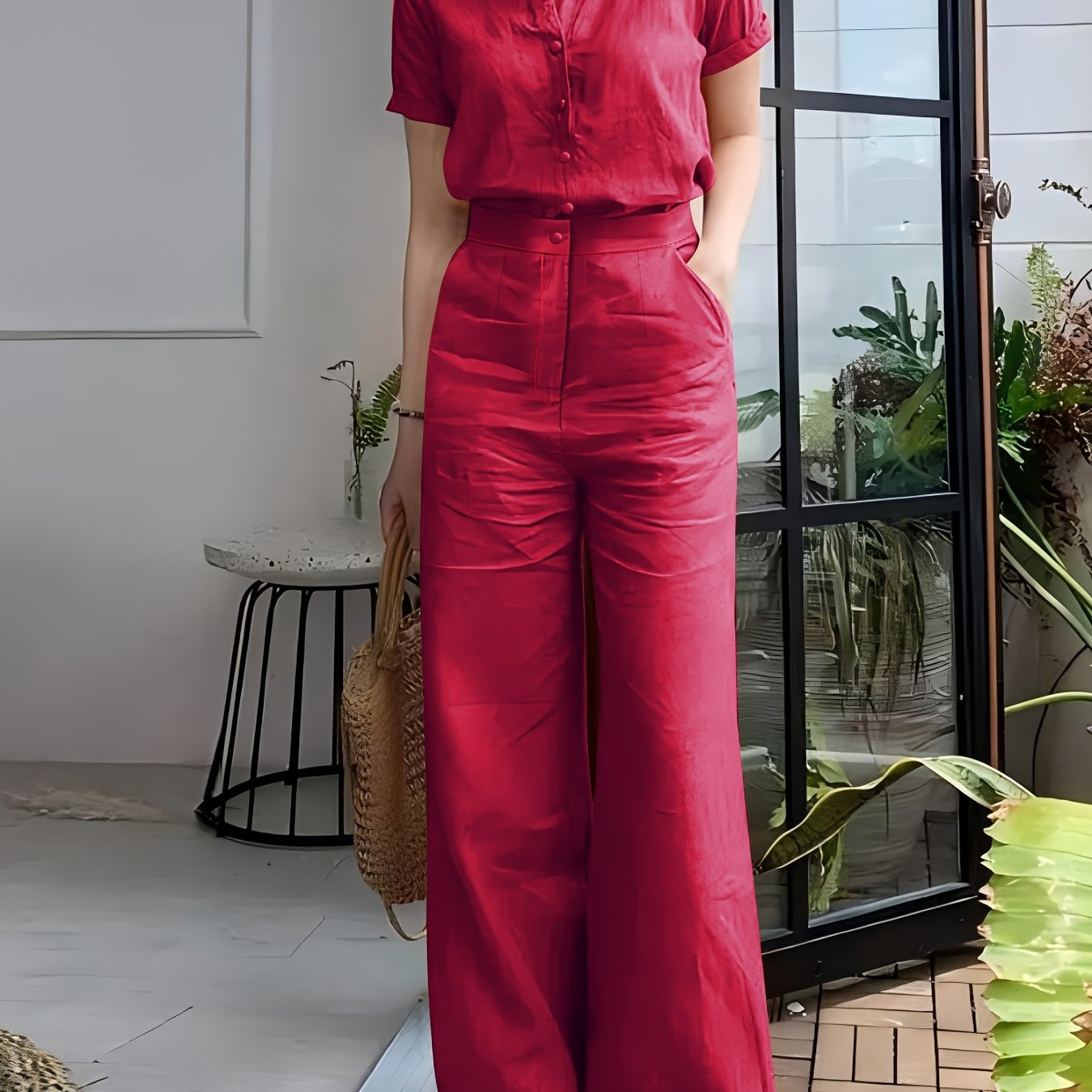 Women'S Solid Color Short Sleeve Shirt and Long Pants Elegant Two-Piece Set
