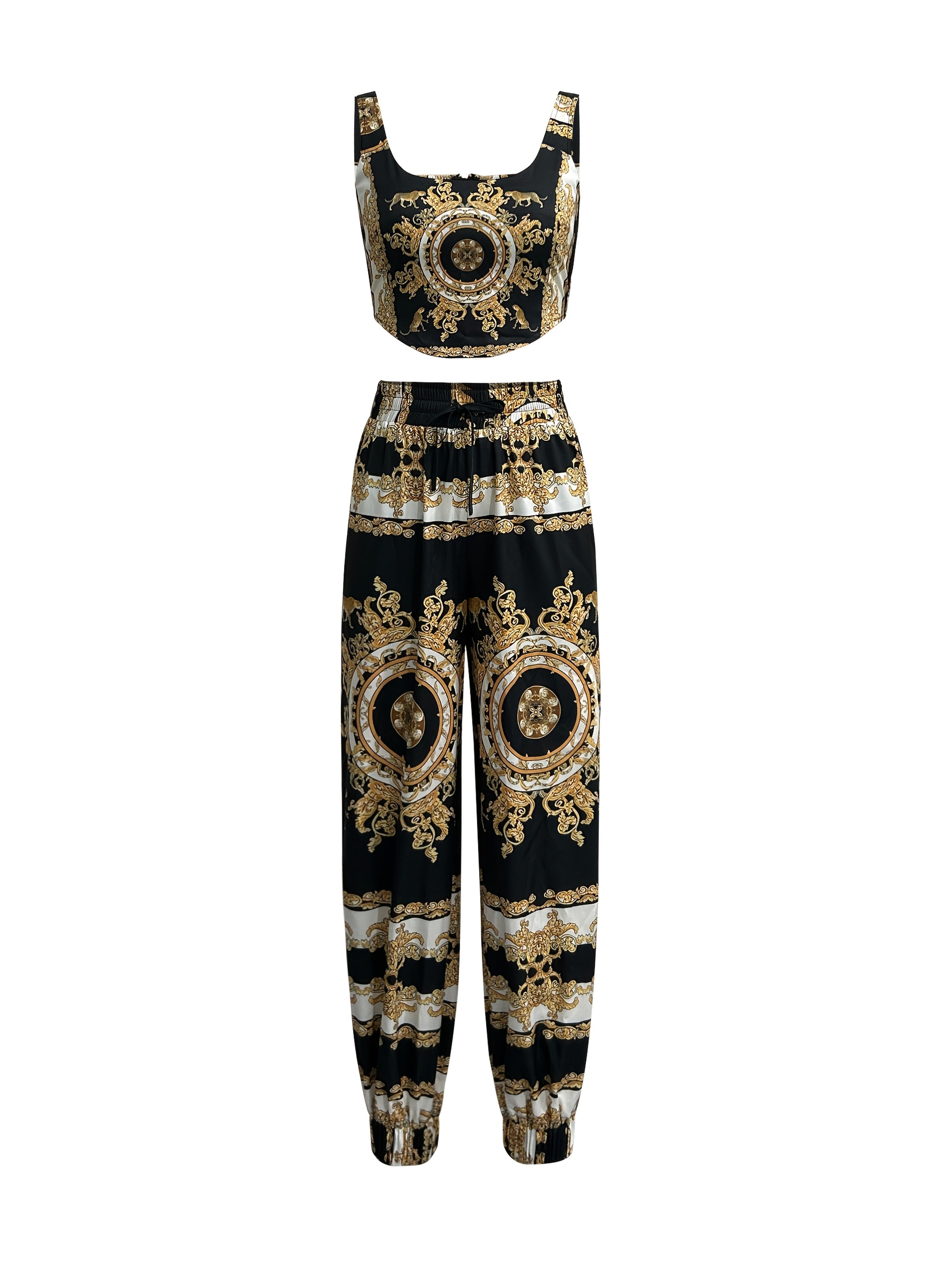Elegant Women'S Paisley Print Crop Top and Jogger Pants Set, Polyester Spandex Blend, Woven, with Spaghetti Strap, for All-Season