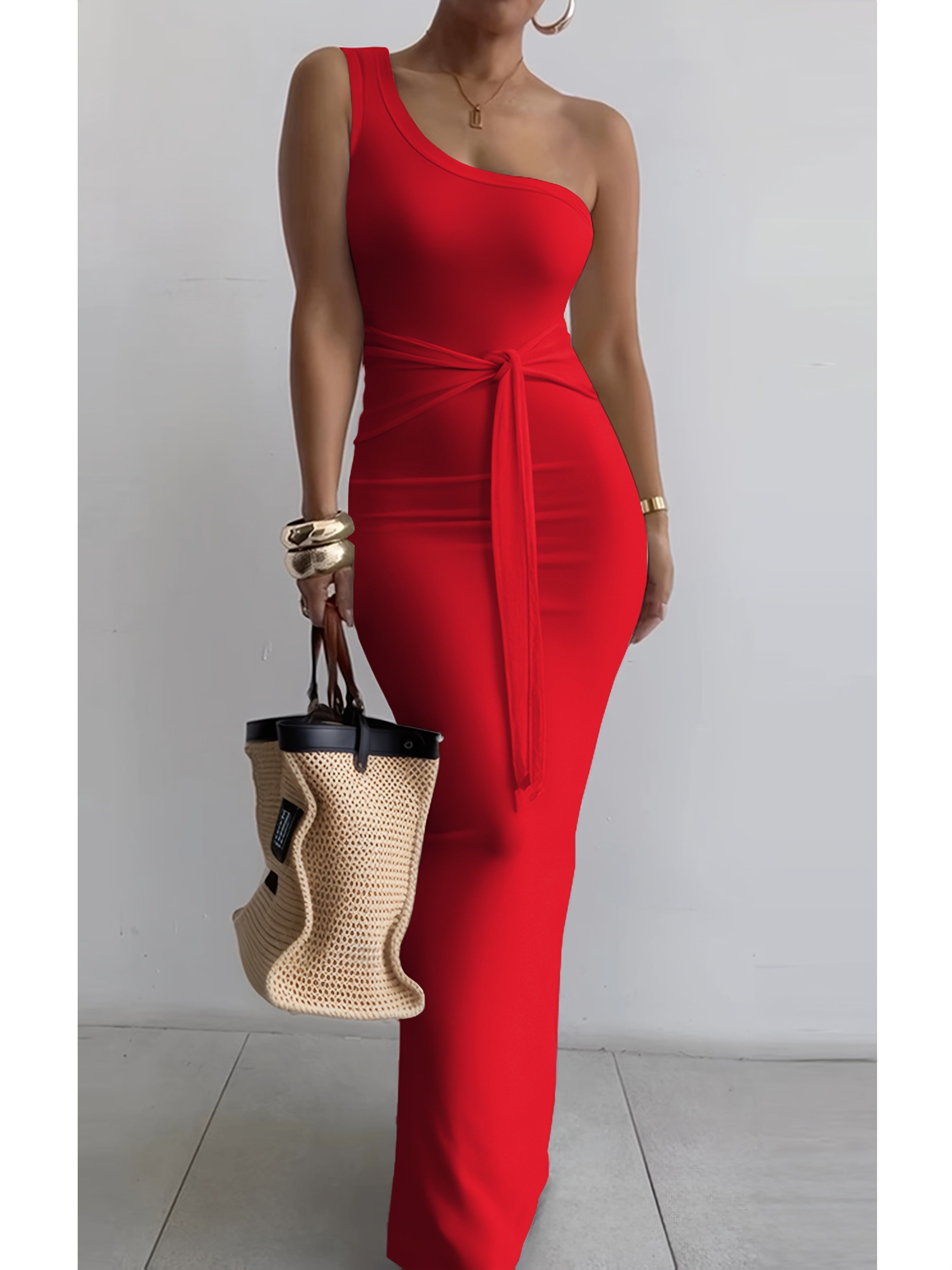 Women's Summer One-Shoulder Waist Tie Slim-Fit Pencil Dress - Sleeveless Elegant Solid Blue Long Dress for Casual & Formal Occasions