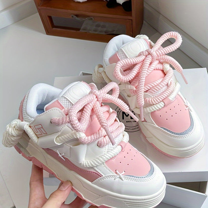 Women's Cute Chunky Lace-Up Sneakers - Pink, Low-Top, Thick Sole, Casual Athletic Shoes - Fabric/PU Upper, Rubber Sole, All-Season Design