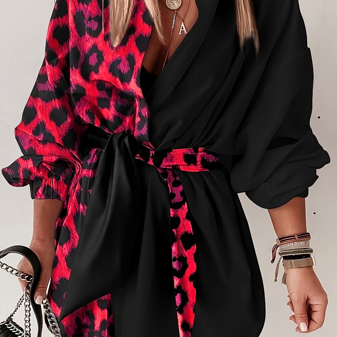 Women'S Leopard Print Wrap Dress with V-Neck and Button Details - Stylish Black and Brown Pattern, Perfect for All Seasons, Casual to Semi-Formal Attire, Casual Attire|Vneck Dress|Wrap Dress