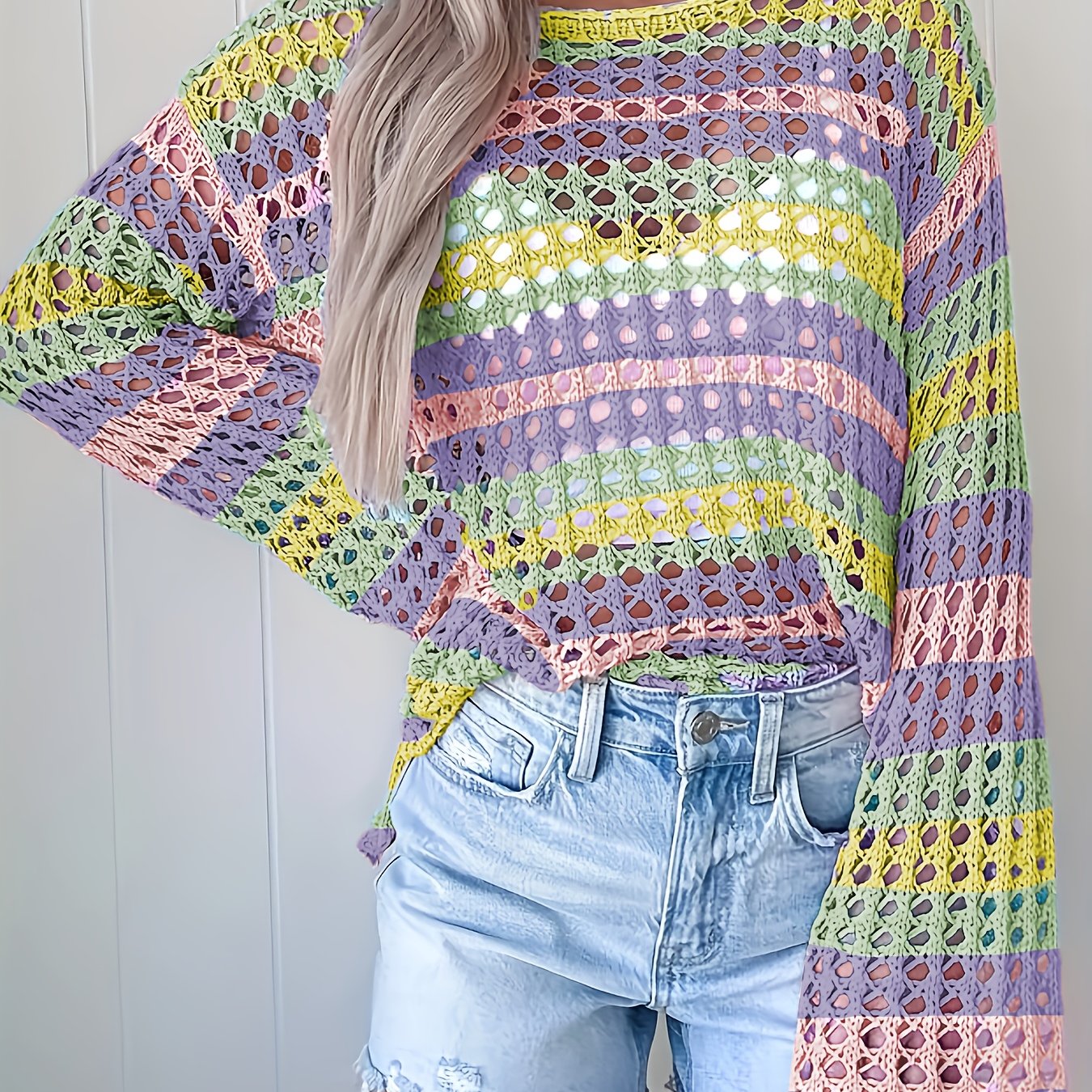 Women's Bohemian One-Shoulder Crochet Cover-Up - Lightweight Lace- Beach Top with Color-Block Design, Short Front & Long Back, Multi-Color Pastel Shades for Spring/Summer Vacation Poolside Casual Wear, Curve Beachwear