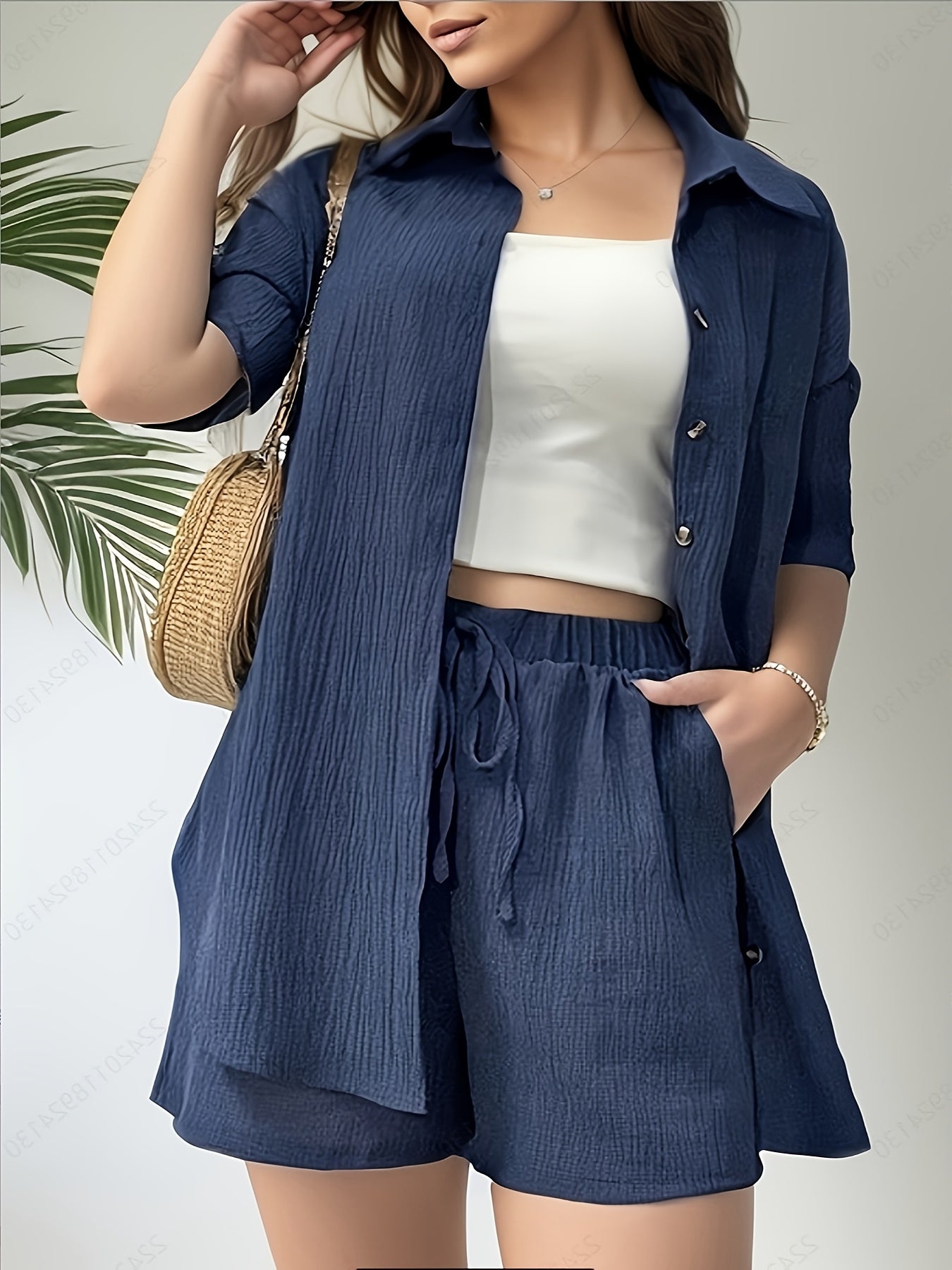 Women's Elegant and Fashionable Casual Two-Piece Set in Solid Color with Short-Sleeved Cardigan and Shorts, Perfect Choice for Spring and Summer