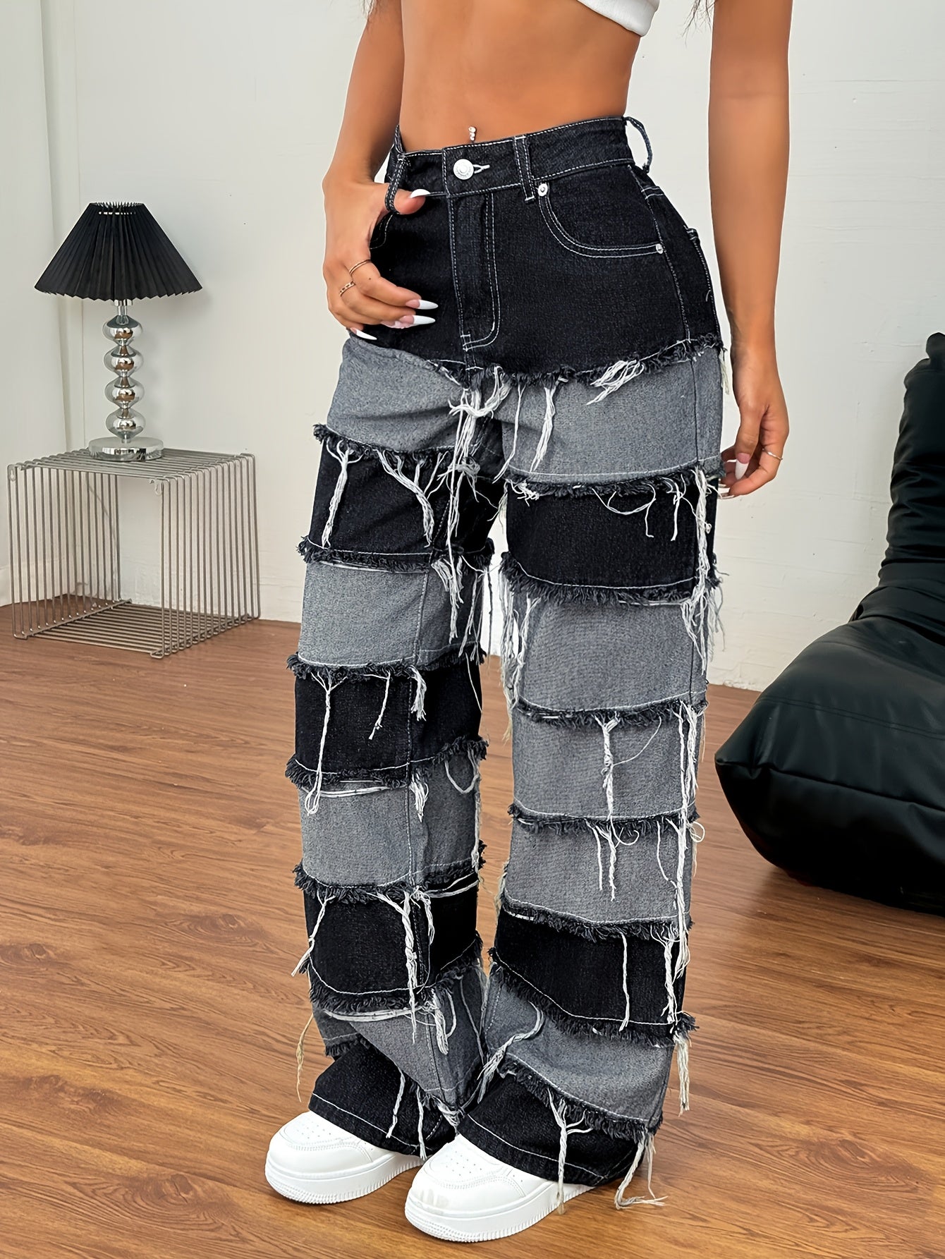 Women'S Patchwork Denim Jeans - Cotton Blend Straight Leg Long Pants, Street Style, Non-Stretch Woven Fabric, with Frayed Hem, Zipper Fly, Pocket Detail, for Casual Weekend Wear