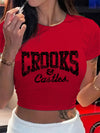CROOKS & CASTLES Women's Y2K Graphic Crop Top - Vibrant Red with Bold Black Letter Print, Lightweight Summer Short Sleeve Shirt, Round Neck Casual Streetwear, Machine Washable, Trendy Outfit | Nontransparent Material