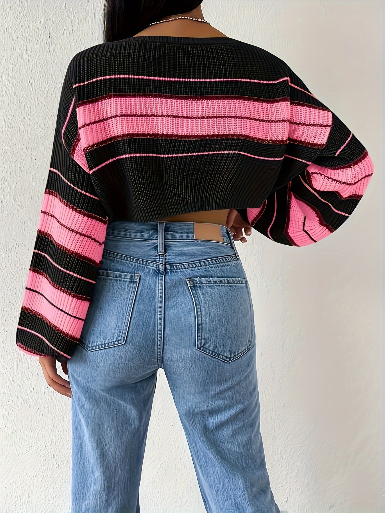 [Boat Neck Striped Pullover] Striped Boat Neck Pullover Sweater, Elegant Lantern Sleeve Drop Shoulder Crop Sweater, Women's Clothing
