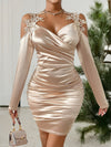 Long Sleeve Contrast Lace Slim Dress, Elegant Surplice Neck Cold Shoulder Backless, Women's Clothing