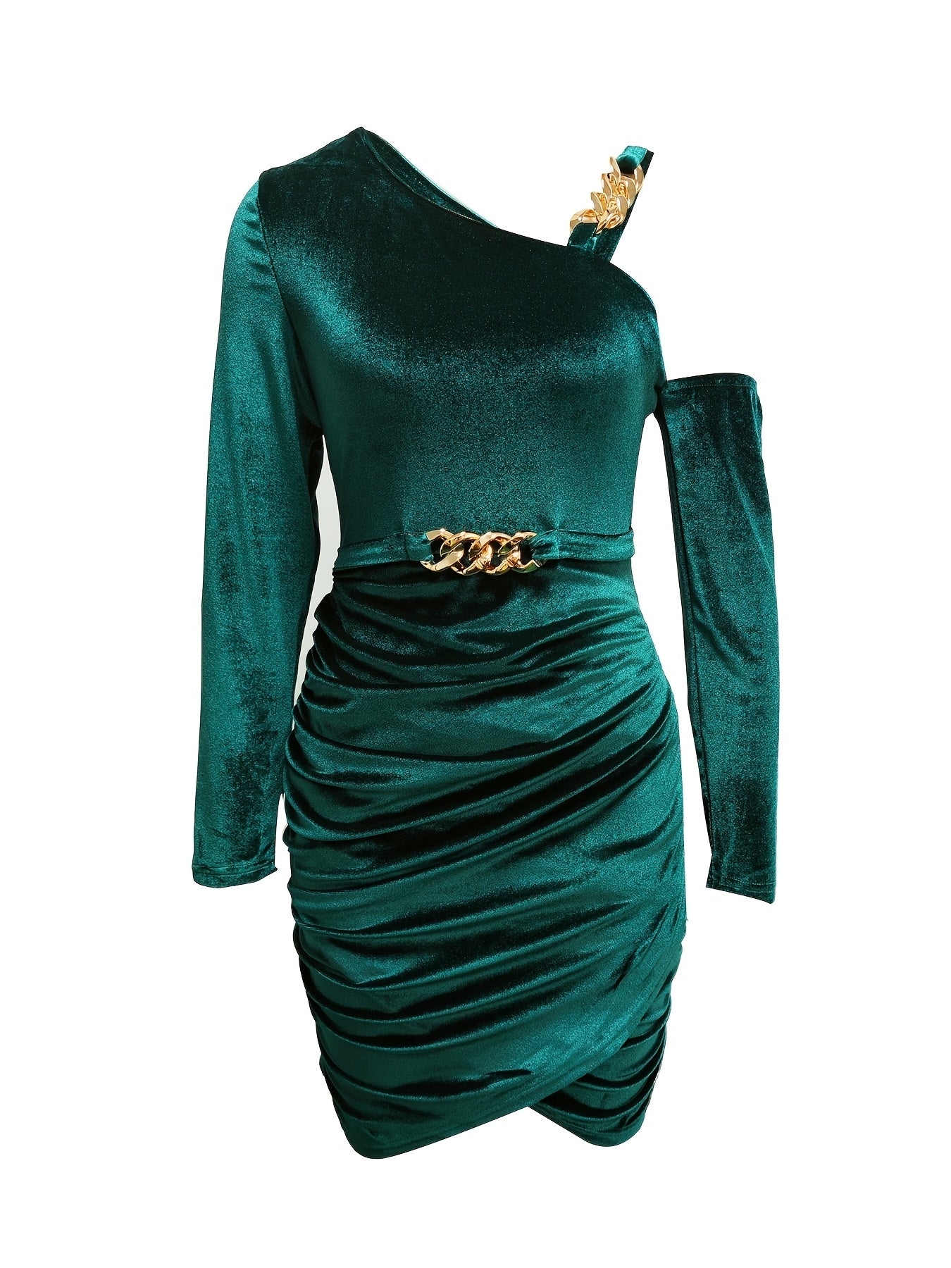 Elegant Off-Shoulder Blue Midi Dress for Women - Chic Chain Detail, Long Sleeves, Ruched Bodycon Fit, Polyester, Machine Washable - Perfect for Evening & Vacation