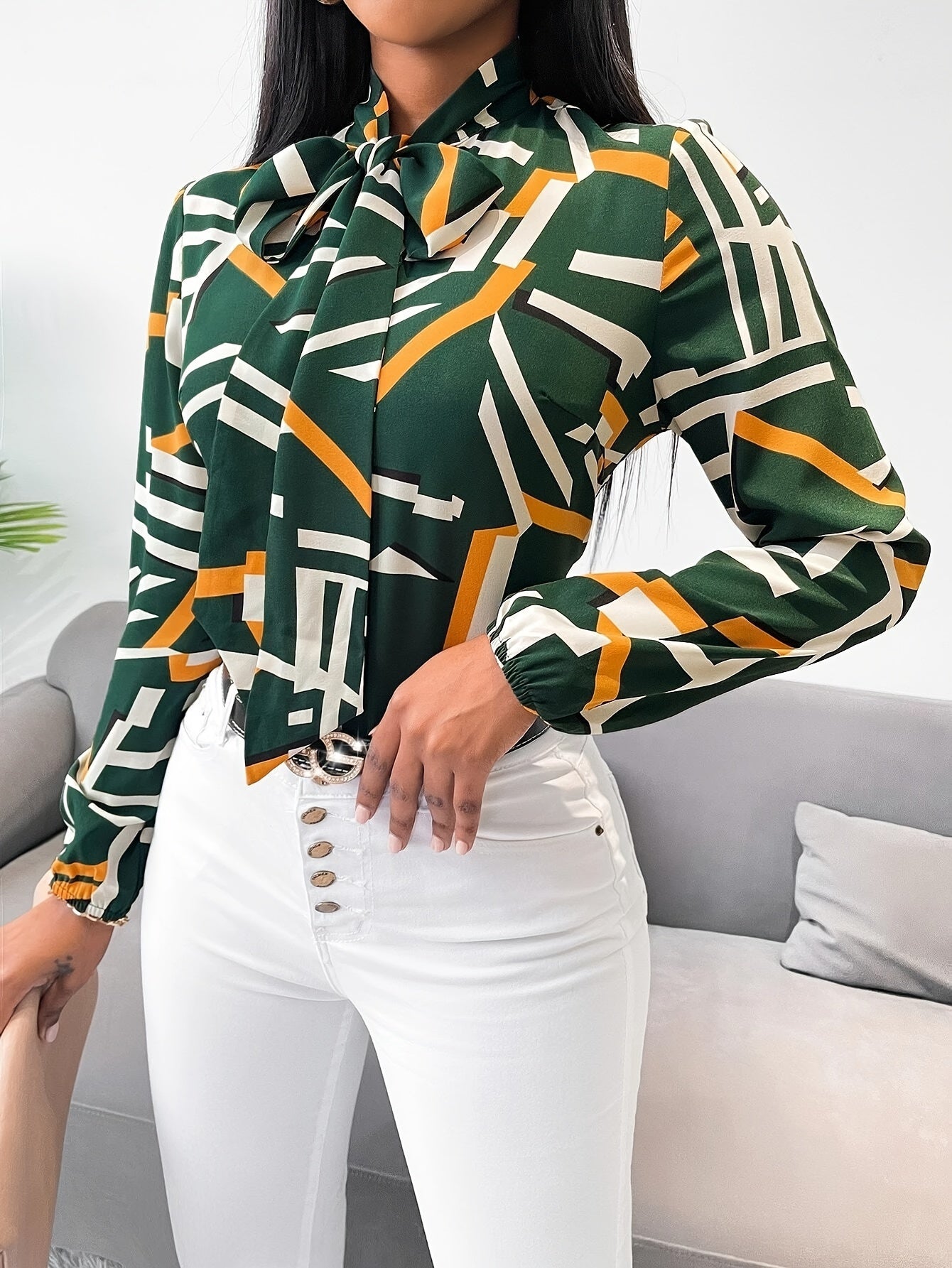 Geo Print Tie Neck Blouse, Elegant Long Sleeve Blouse For Spring & Fall, Women's Clothing