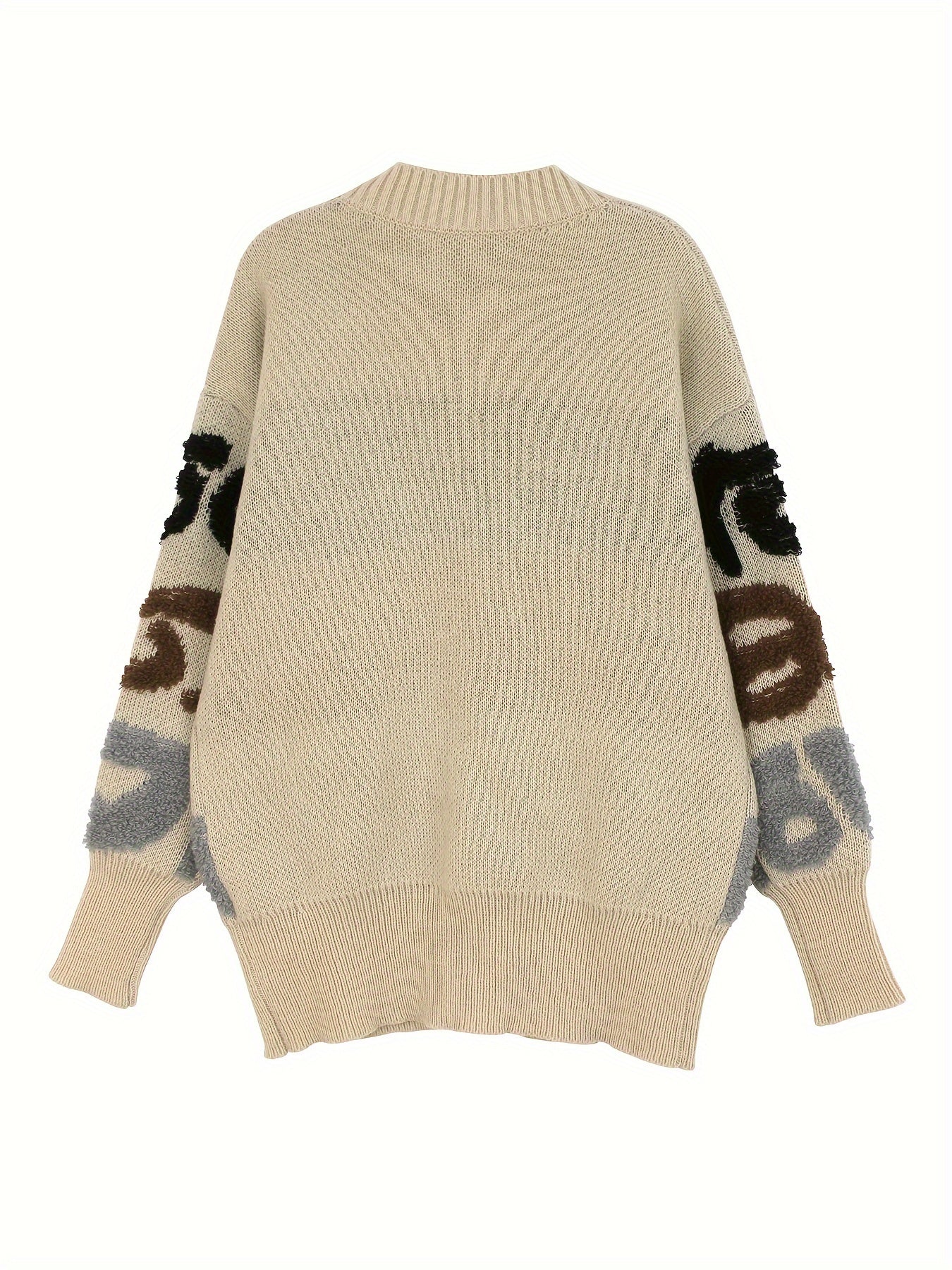Letter Pattern Button Down Knit Cardigan, Casual Long Sleeve Loose Sweater Outwear, Women's Clothing