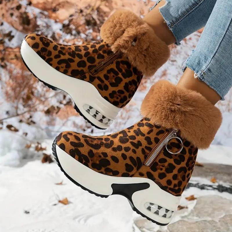 Elegant Women's Leopard Print Fashion Snow Boots with Side Zipper - Warm Fur-Lined Interior, Rubber Sole, Available in Black, Brown, Grey, and White