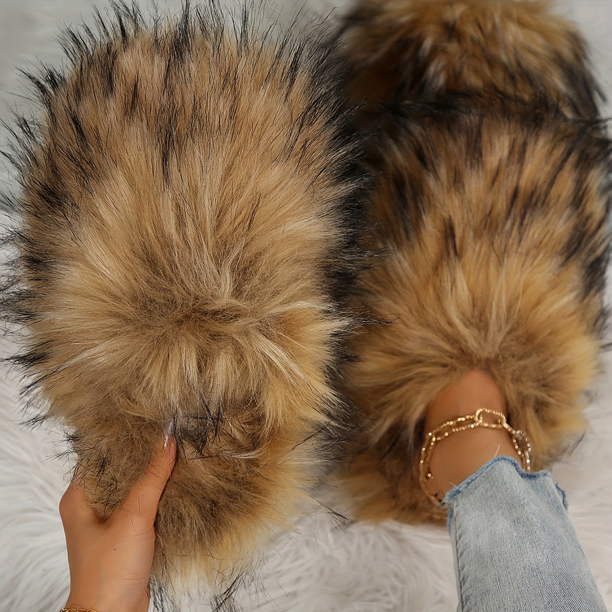 Women's Faux Fur Elegant Slippers – Korean Style, Warm All-Season House Shoes with Non-Slip Rubber Sole