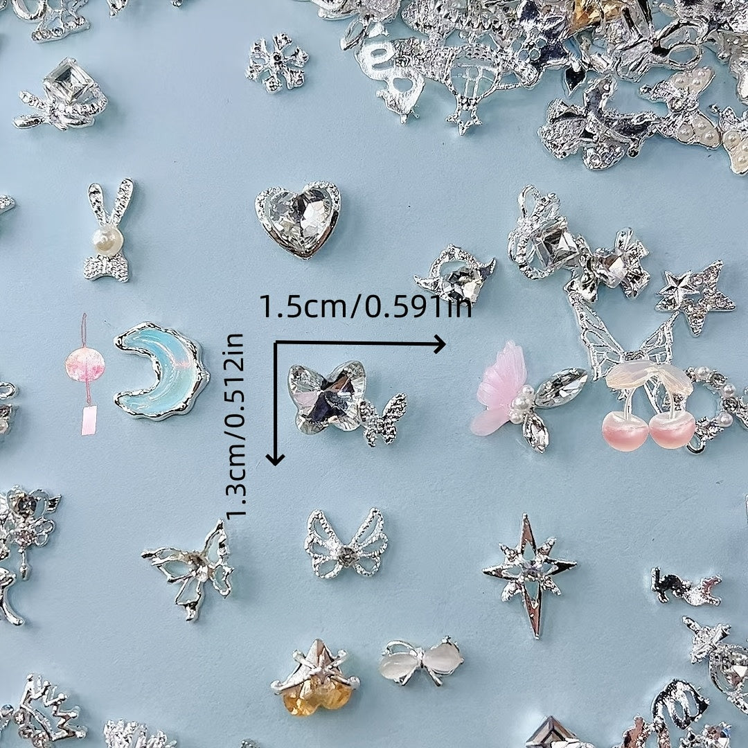 100pcs Mixed Metal Nail Art Charms Set, Alloy Rhinestones, Assorted Designs, Floral, Butterfly, Heart & Star Shapes, Unscented