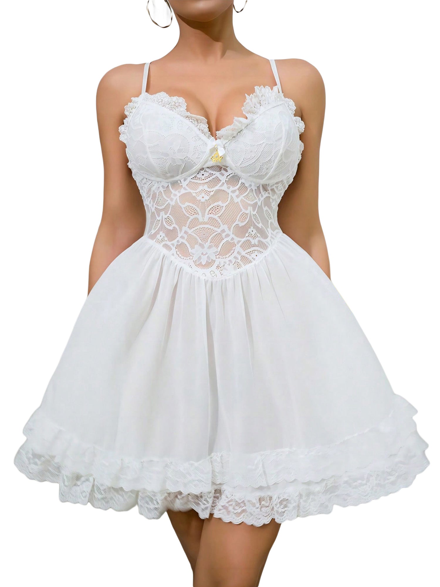 Women Spaghetti Strap Lace Nightgown Sweetheart Neck Sheer Mesh Sleeveless Flowy Lingerie Sleepwear Dress