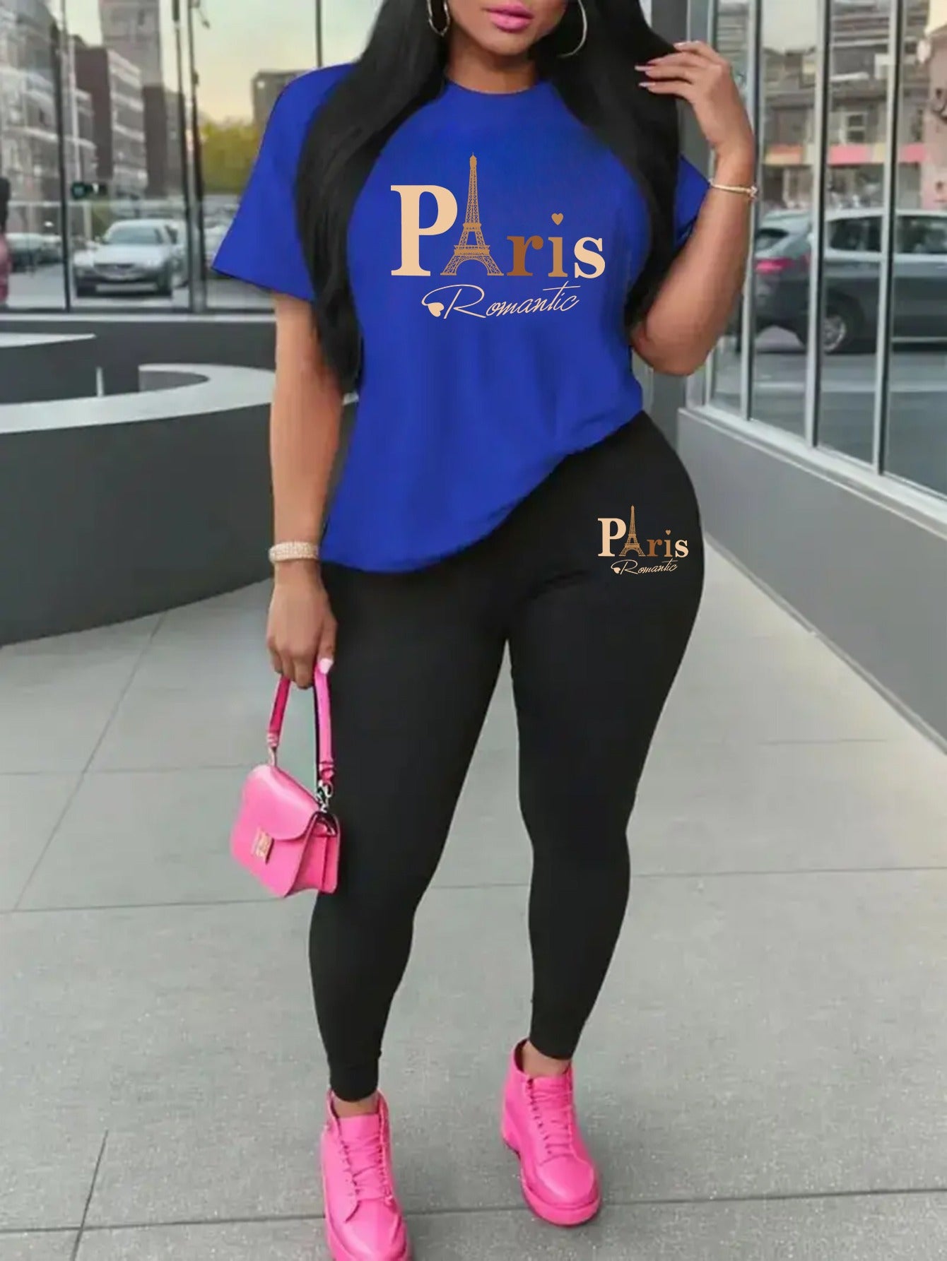 Eiffel Tower Paris-Inspired Women's Casual Outfit - Comfy Short Sleeve Tee & Stylish Pants Set, Machine Washable