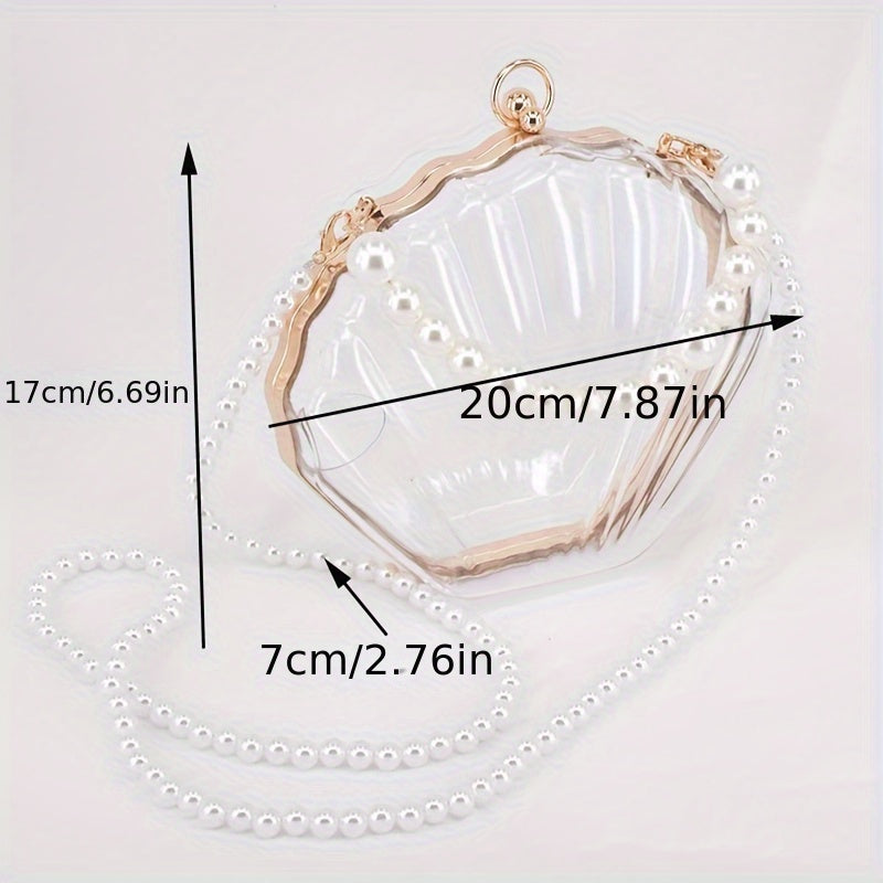 Casual Acrylic Pearl Beaded Shell Crossbody Bag with Removable Strap, Transparent Unlined Clutch with Buckle Closure, Checkpoint-Friendly Fashion Accessory
