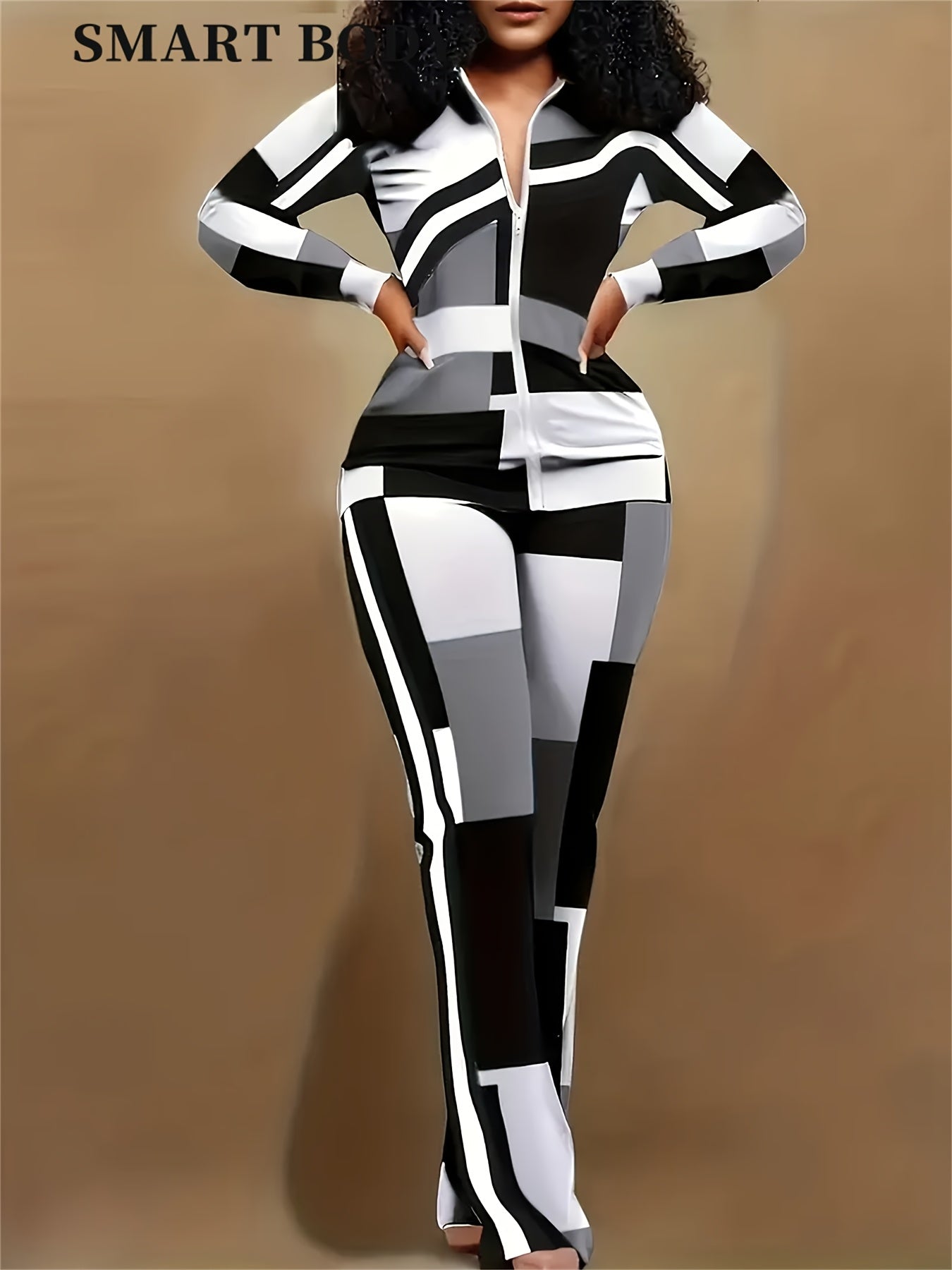 Chic Geo Print Casual Two-piece Tracksuit Set, Women Zip Up Long Sleeve Tops Jacket & Long Flare Pants Outfits, Geometric Plaid Patchwork Matching 2pcs Casual Sweatsuits, Color Block Zipper Jackets And Wide Leg Jogger, Women'