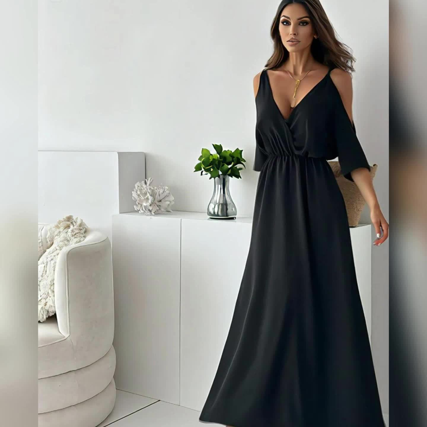 Elegant V-Neck Maxi Dress with Cold Shoulder Design and Side Slit - Black, Perfect for Spring/Summer, Machine Washable, Women’s Fashion