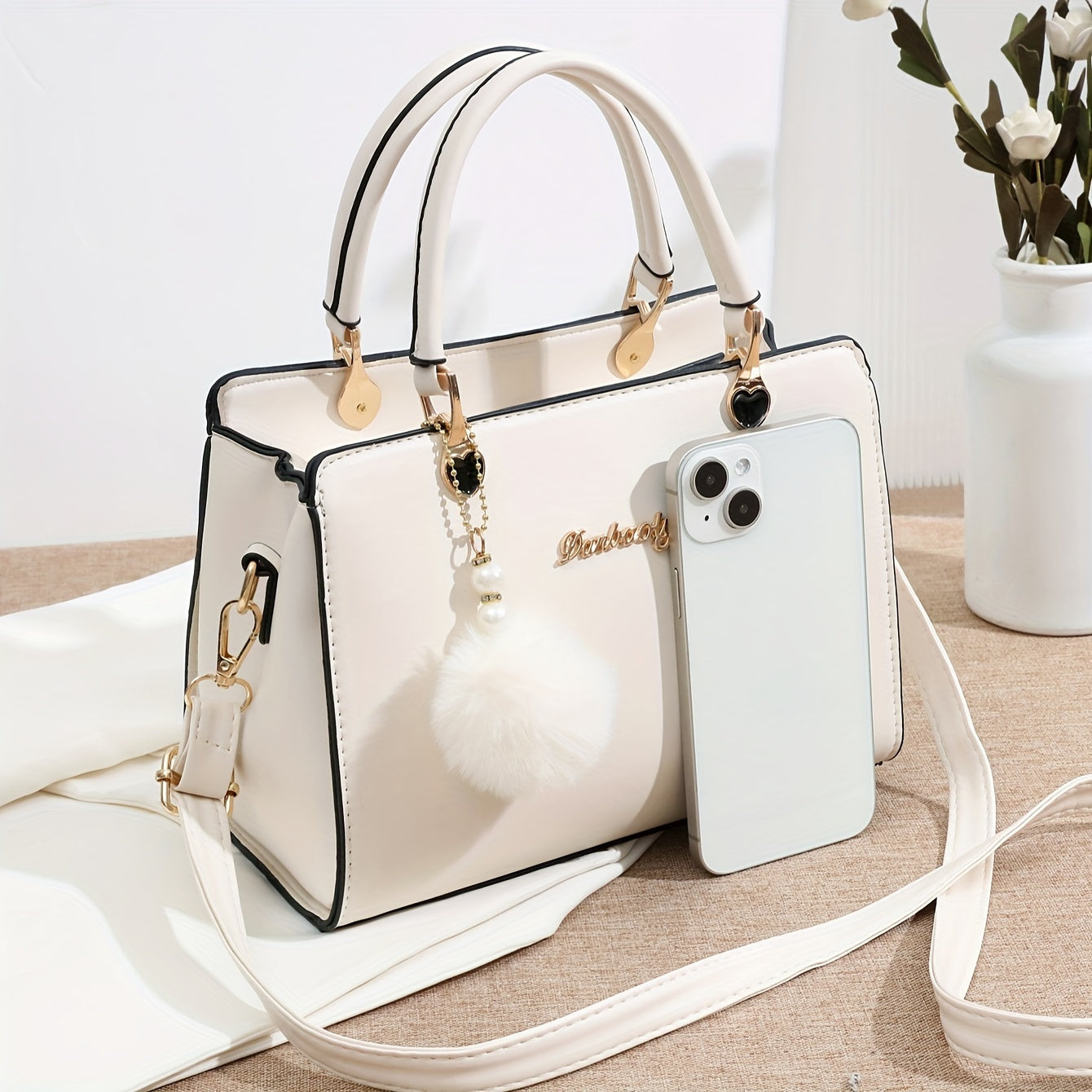 Stylish Solid Color Women's Handbag with Pom Pom Charm - Multi-Layer Crossbody Bag,, Zip Closure, Stain-Resistant, Black/White/Pink/Watermelon Red/Gray