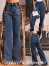 Trendy High-Waisted Wide-Leg Denim Pants With Leopard Print Side Stripes Fashion Forward Statement Piece