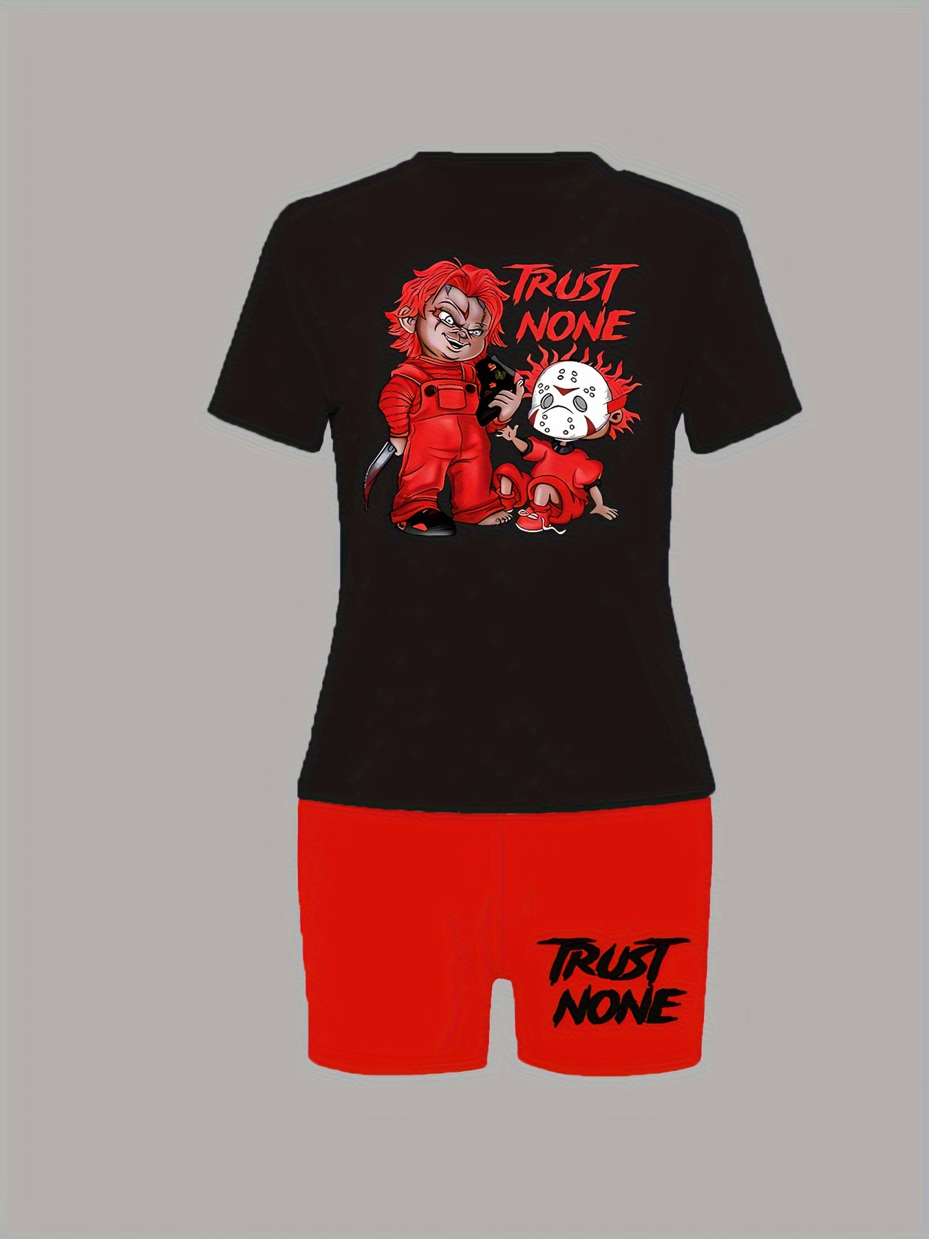 Sexy Orange & White Graphic Print Two-Piece Set - Women's "TRUST NONE" Short Sleeve T-Shirt & High-Waist Shorts, Polyester Blend, Machine Washable