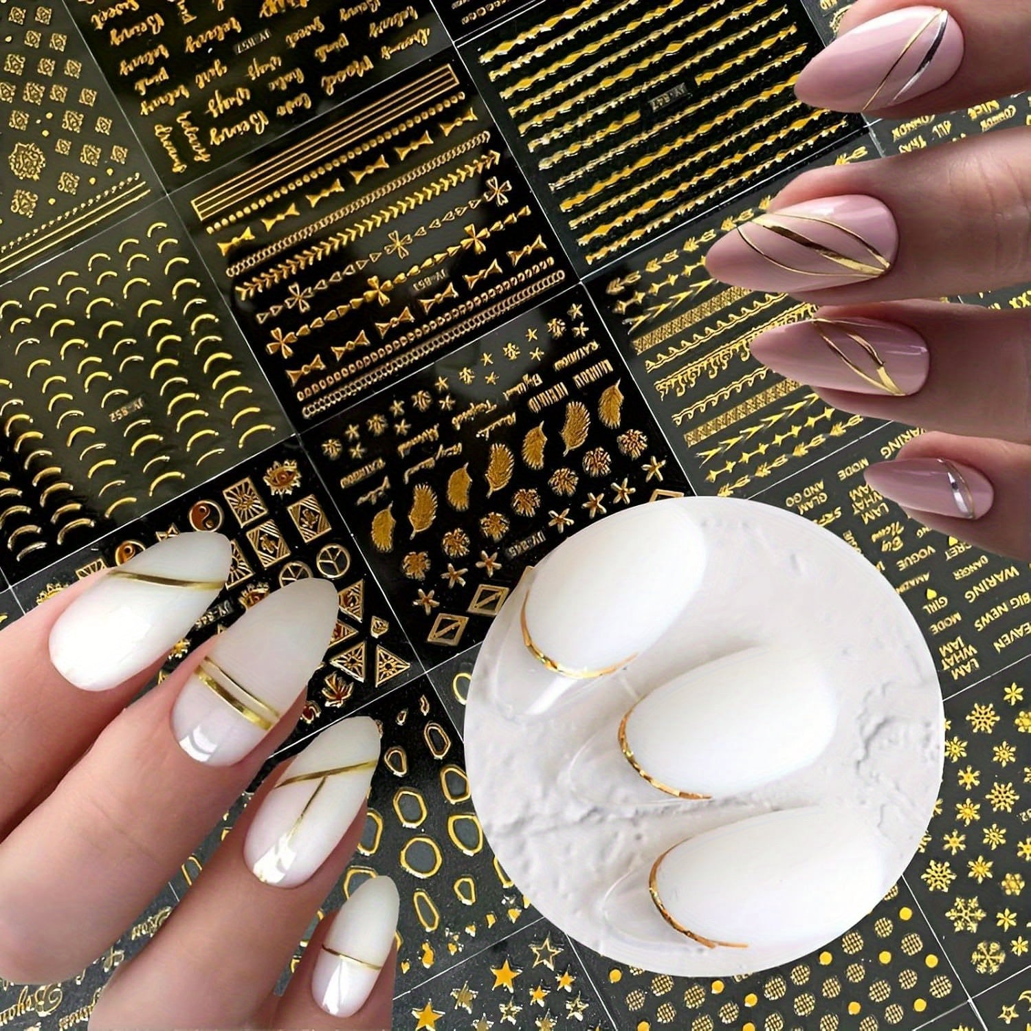 Golden Nail Art Stickers - 30 Sheets, 3D Self-Adhesive, for Acrylic Nails, Women, with Golden Line, Star, and Leaf Designs