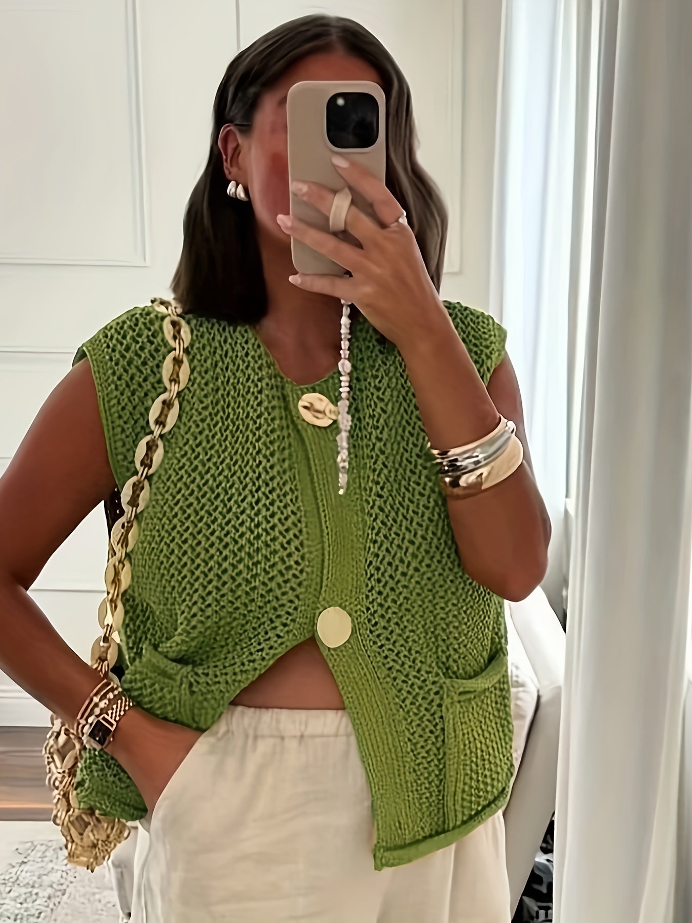 Women's Casual Sleeveless Knit Vest with Large Button Front and Patch Pockets - Lightweight Polyester Cardigan for Spring/Summer/Fall - Green, Knit Cardigan